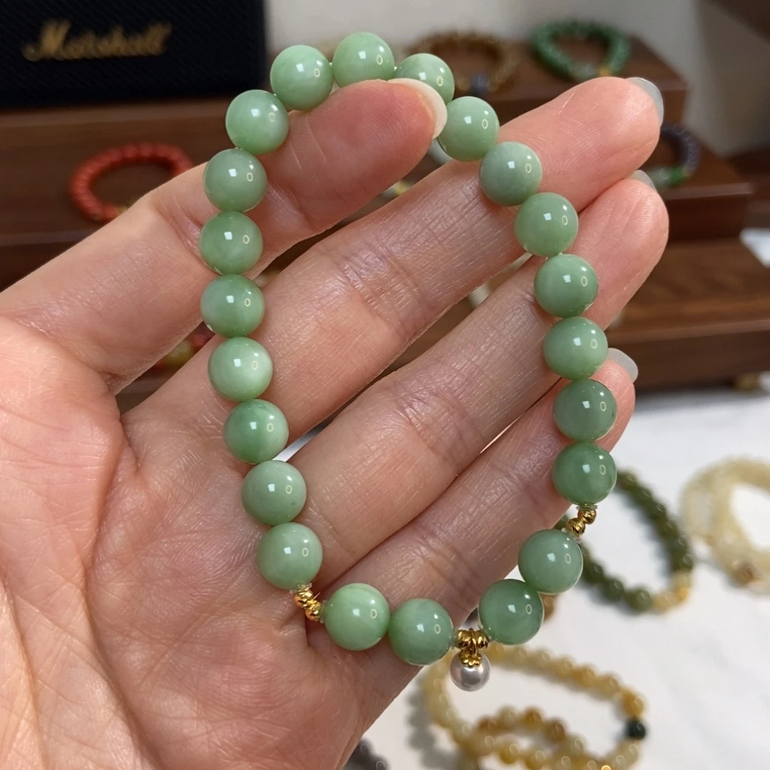 7***5和田玉18K金镶嵌手链8mm黑阳洞碧玉