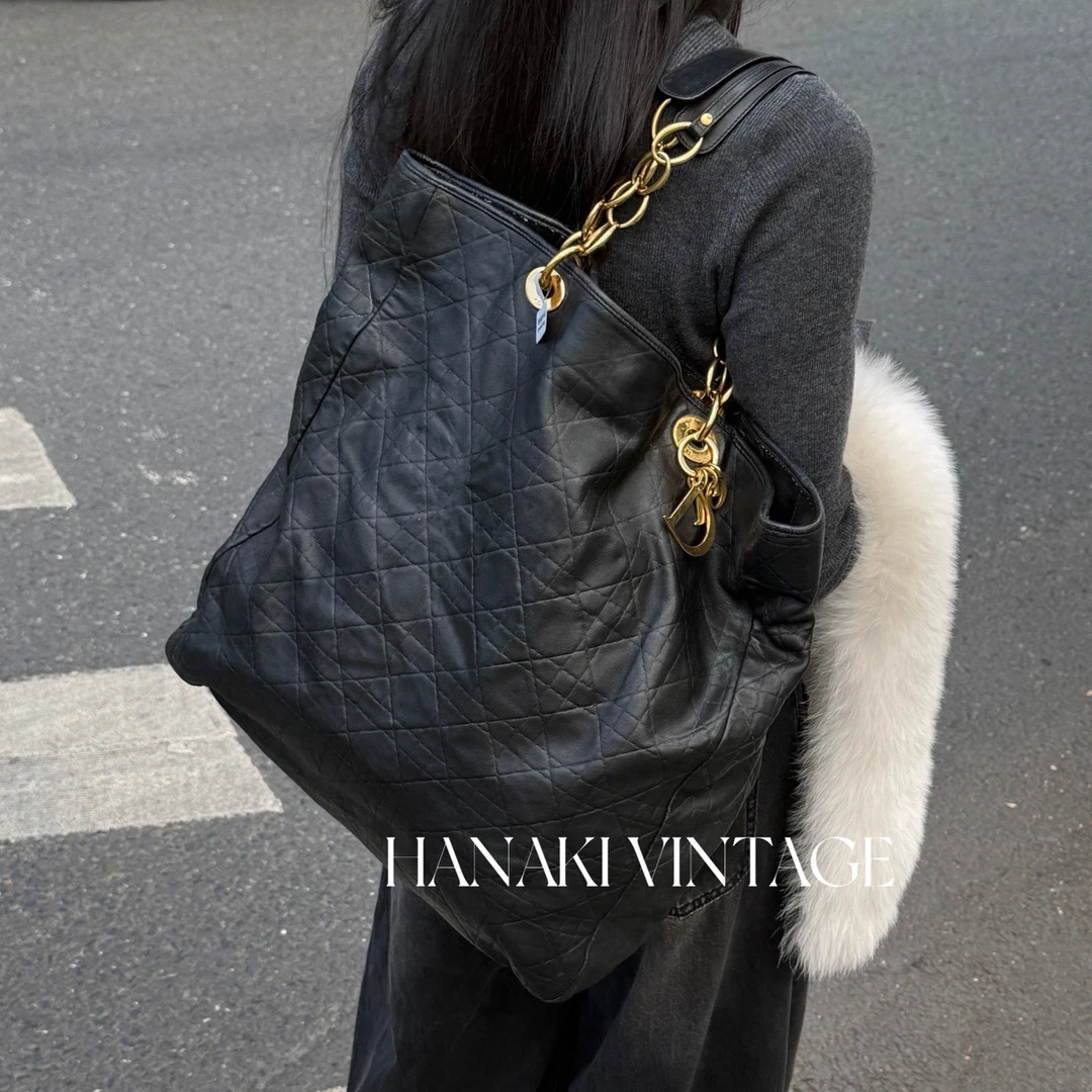 95新 DIOR/迪奥 花绮中古/Dior黑金菱格托特机场单肩包