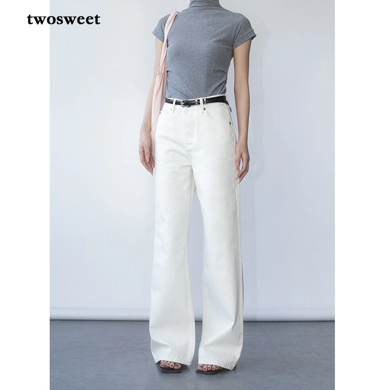 twosweet【用料扎实】白色牛仔裤莱赛尔简约高腰阔腿直筒挺括长裤