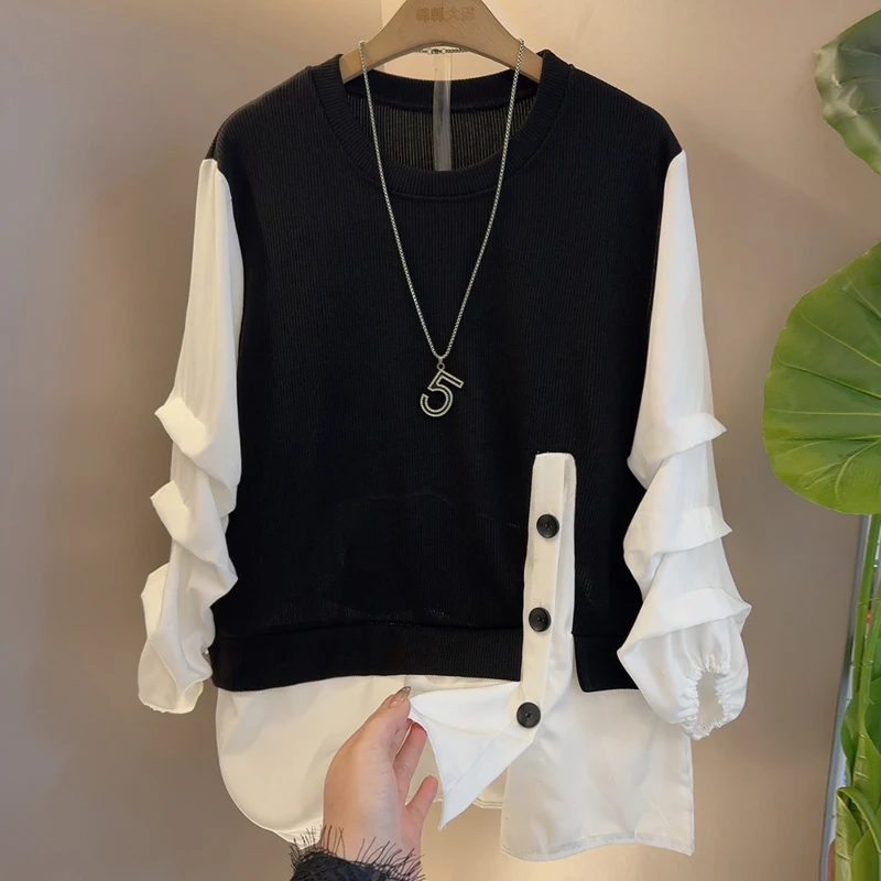 长袖圆领厚款常规创意上衣设计感秋季撞色早秋背心春季假两件