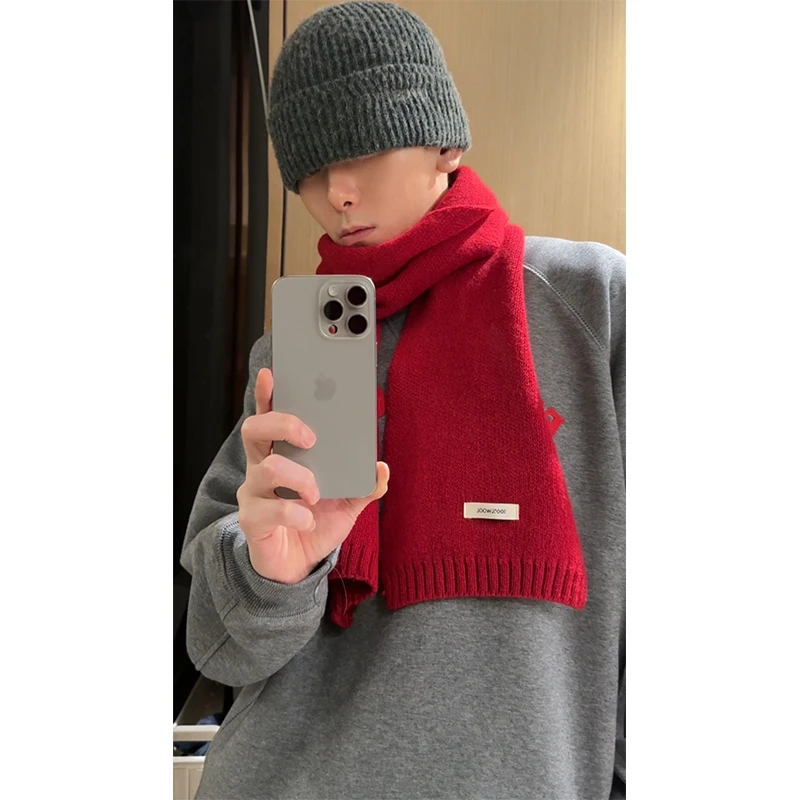 MBH|SCARF保暖100%羊毛围巾冬季新年红色针织围脖男女同款