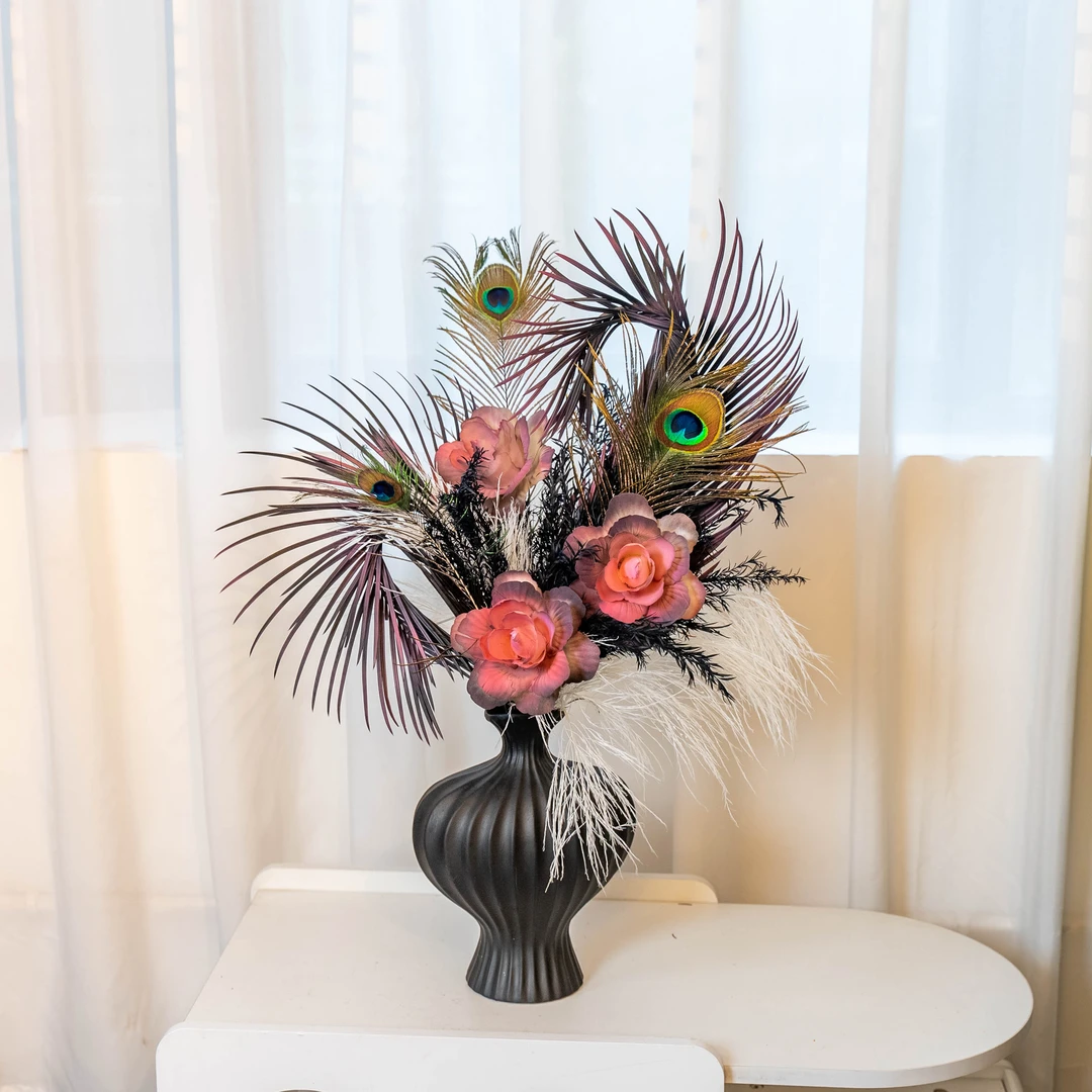 「羽裳」轻奢美式创意欧式样板房陶瓷玄关水晶花瓶干花工艺品摆设