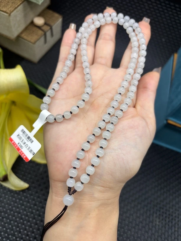 精美天然和田玉白玉老型珠6mm玉石挂坠绳毛衣链项链白色时尚百搭