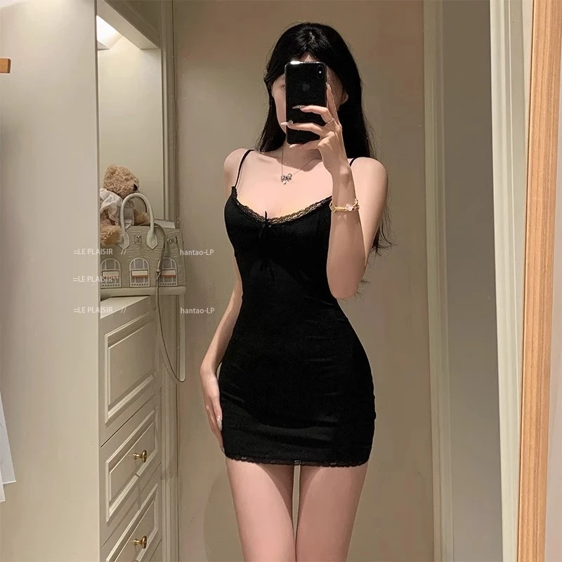 【遇见】*纯欲风性感蕾丝包臀裙带胸垫显瘦身材修身辣妹睡裙女