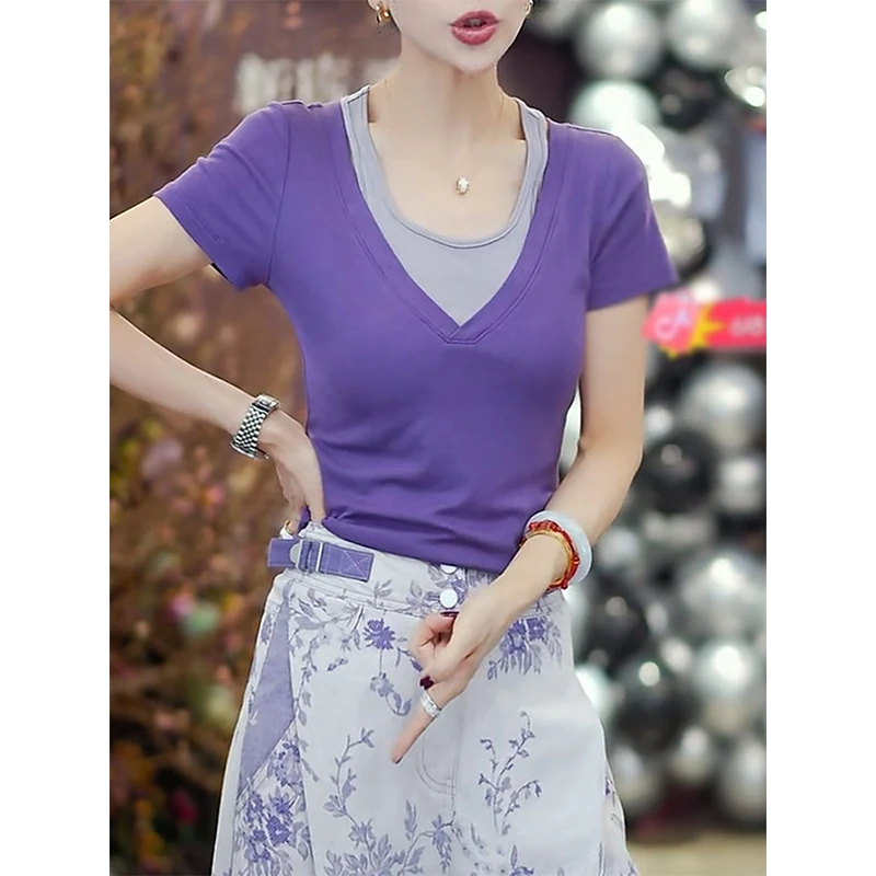 高级感紫色v领正肩短袖t恤女士夏季2025年新款假两件上衣时尚洋气