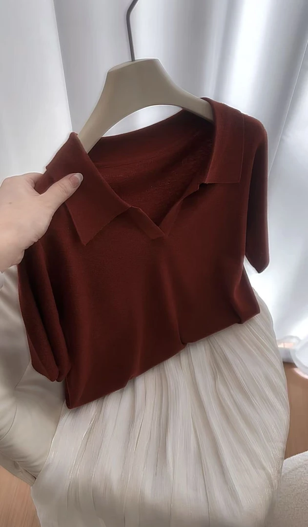 丽丽家~鸡心领红短袖显瘦气质洋气短款百搭夏季v领上衣448