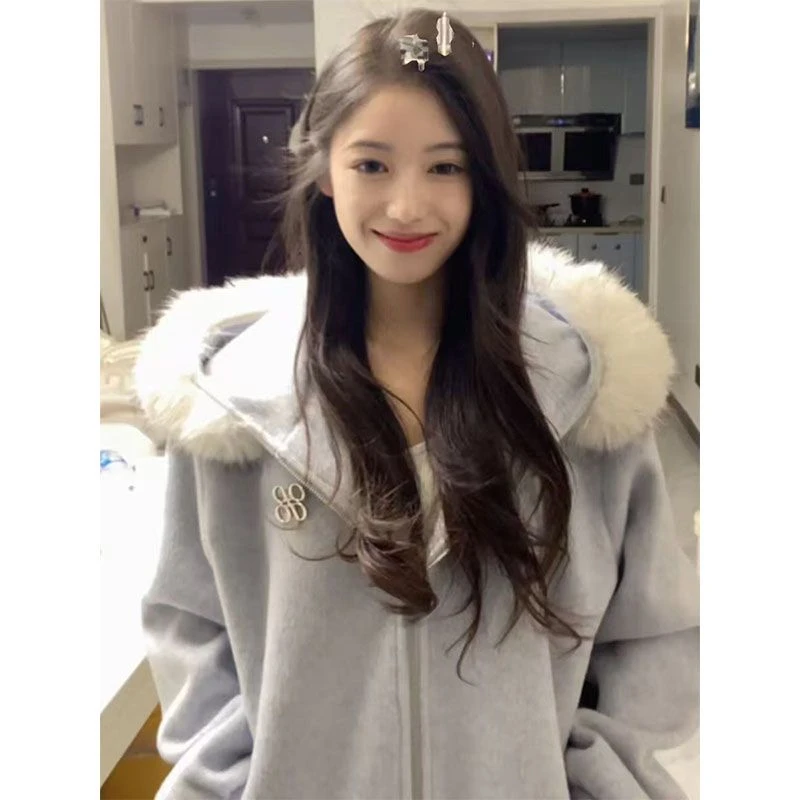 美式复古毛领连帽拉链开衫卫衣女2025春秋冬韩系慵懒风高级感外套