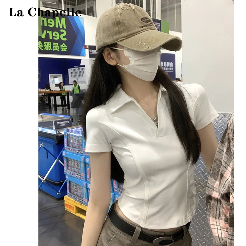拉夏贝尔韩版修身正肩polo领短袖T恤女2025夏季新款小众纯色上衣