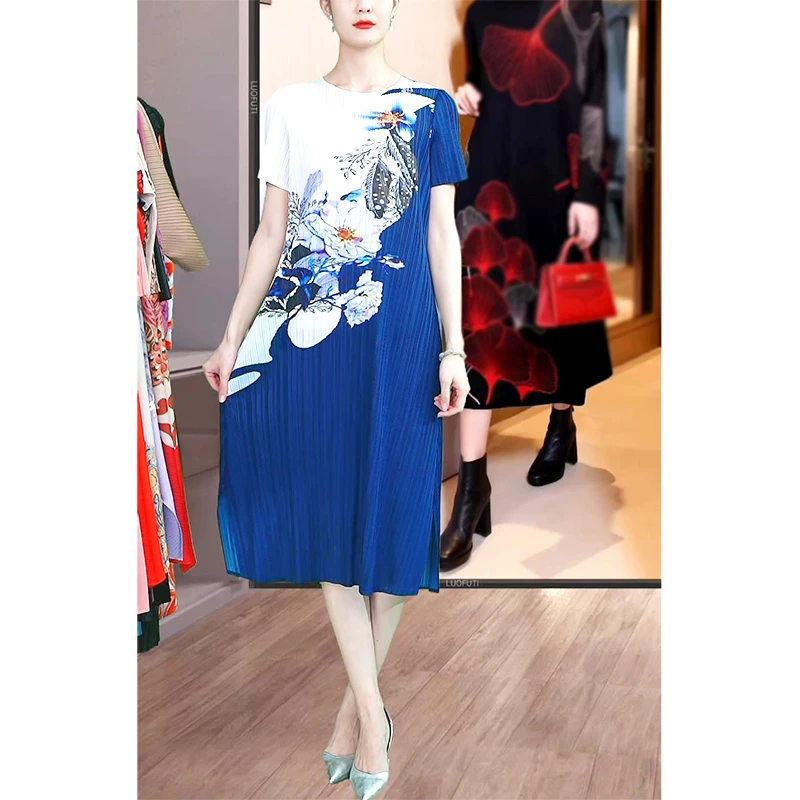 2025夏新款国风印花褶皱气质大码时尚洋气宽松显瘦连衣裙DCA1723