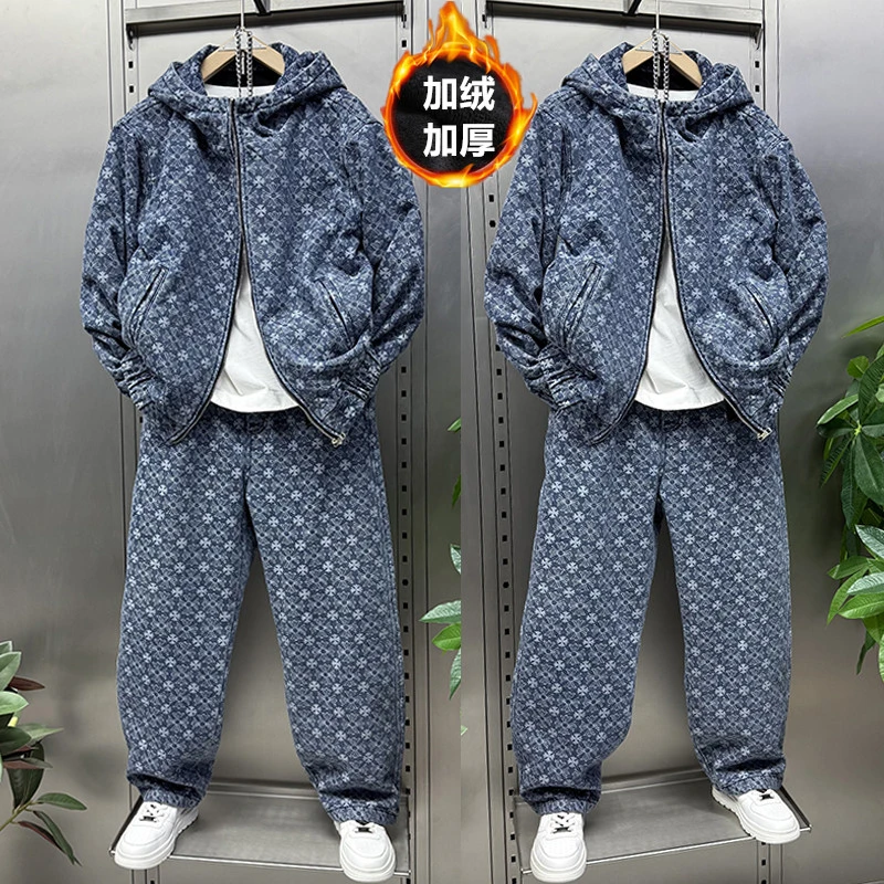 加绒加厚牛仔套装男冬季直筒休闲长裤时尚水洗连帽外套夹克两件套
