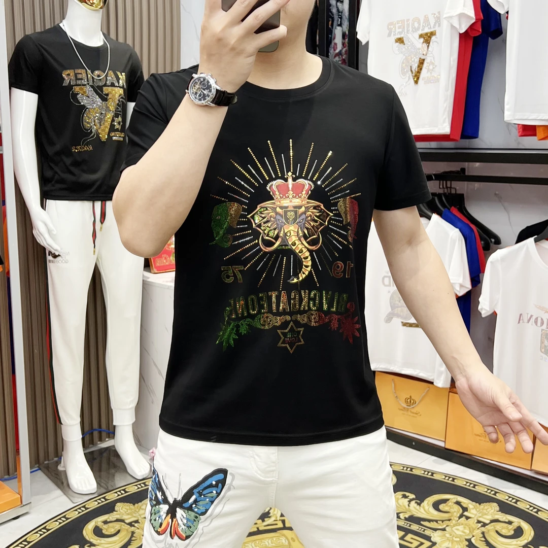 2025夏季新款男士短袖T恤潮流圆领时尚休闲百搭个性修身轻奢半袖