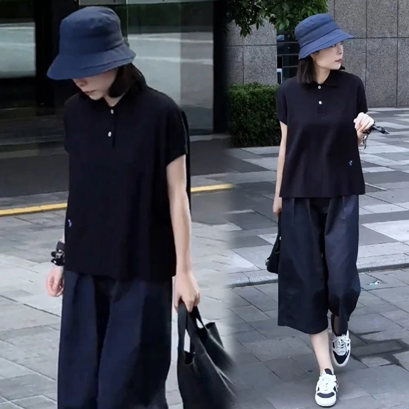 时尚休闲套装女夏季黑色polo领短袖T恤上衣宽松阔腿七分裤两件套