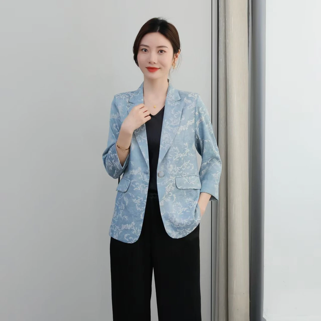 时尚休闲气质韩版修身印花七分袖女士小西装薄款-822