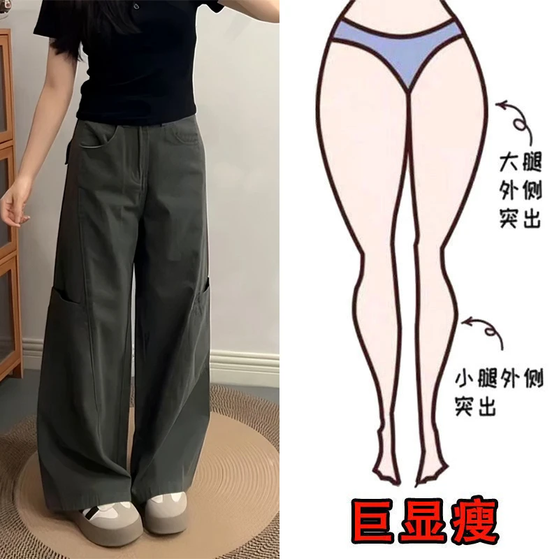 早秋款大码女装通勤上班简约百搭穿搭宽松高腰口袋卡其工装裤休闲