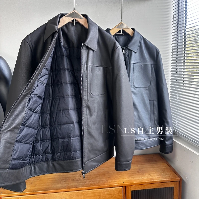 太帅了~PU皮+鹅绒充绒！厚实保暖！冬季男士翻领羽绒服皮衣外套