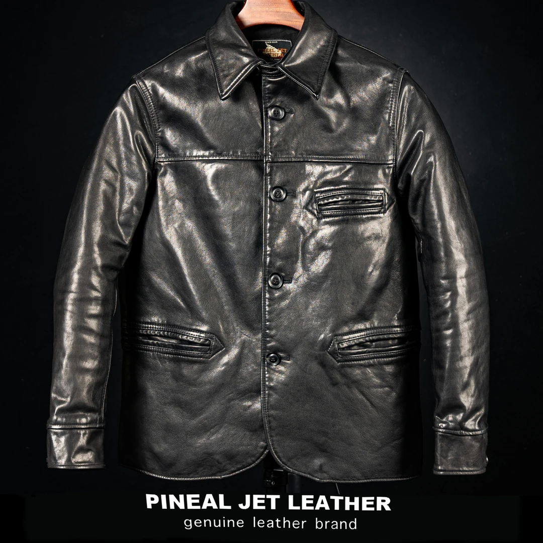 PJL新款男士牛皮复古休闲中长款经典翻领牛皮大司闸员