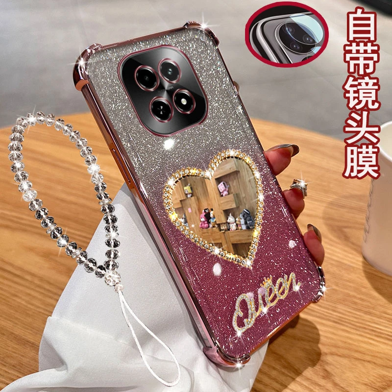 Realme真我V60s手机壳5G镜头全包镶钻爱心镜子气囊防摔套女款软胶