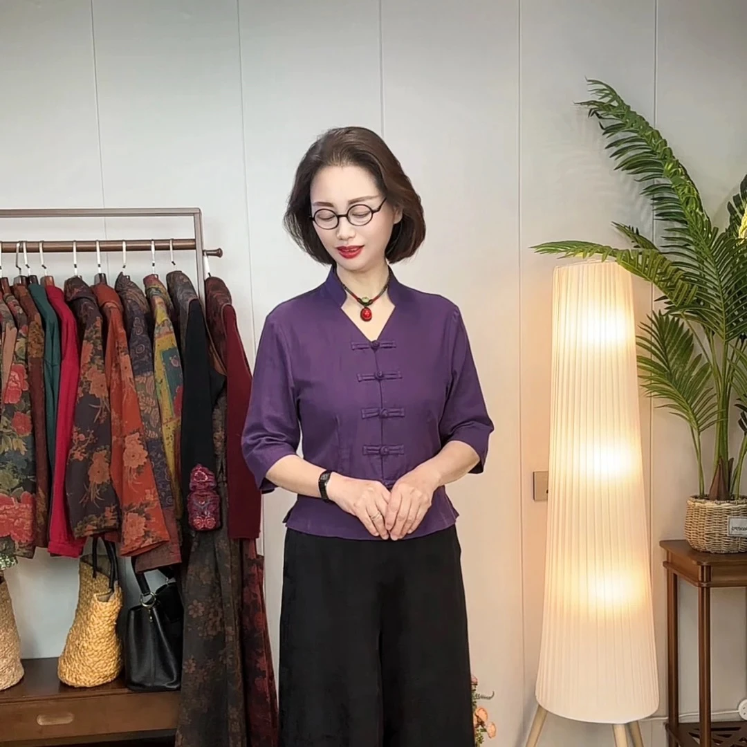 <夏荷2>双层纱纯色中式复古立领中袖修身休闲妈妈上衣23810-1