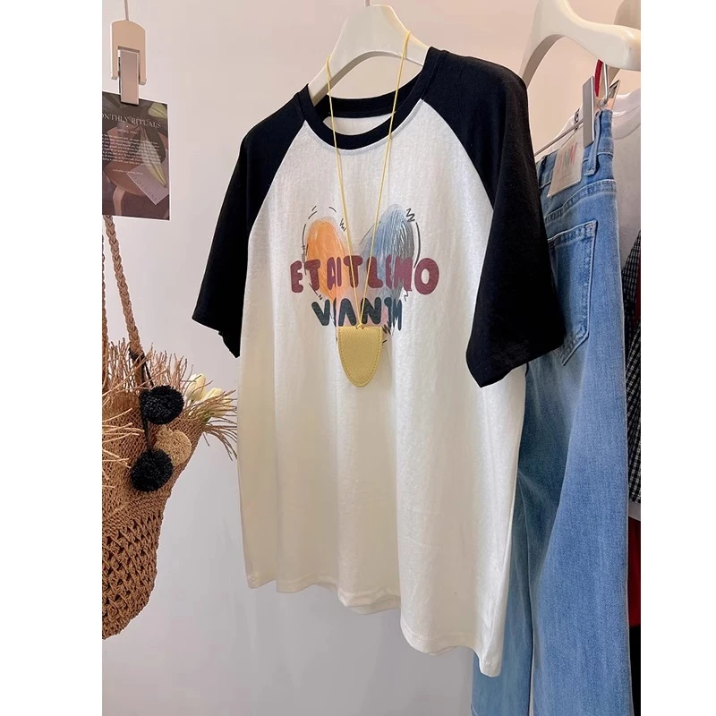 胖妹妹240斤大码美式涂鸦撞色插肩短袖T恤女夏轻薄凉爽雪花棉上衣