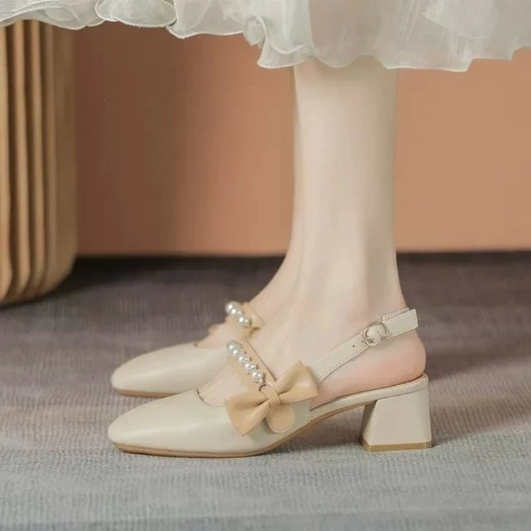 时尚百搭气质夏季玛丽珍粗跟包头凉鞋女浅口仙女风一字带中跟凉拖