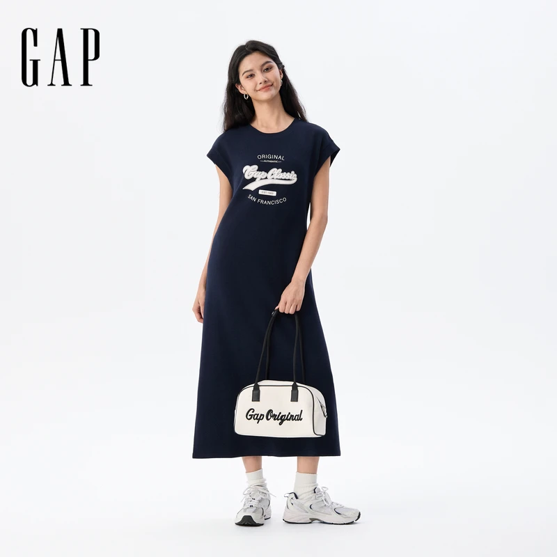 Gap女装2025夏季新款印花logo扩袖开叉圆领长款连衣裙休闲 764975