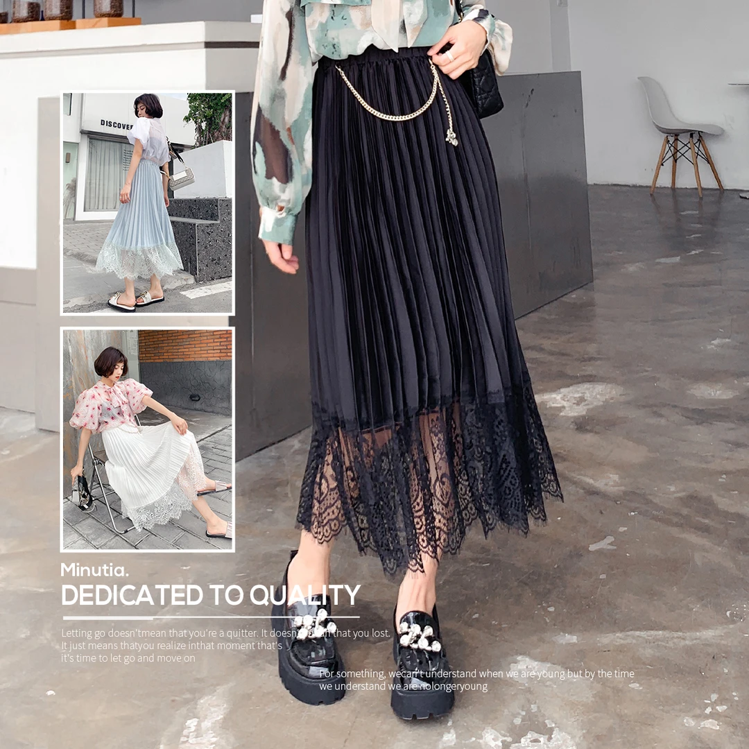 【小马压褶半裙】链条压褶蕾丝收腰气质显瘦裙子女2110858