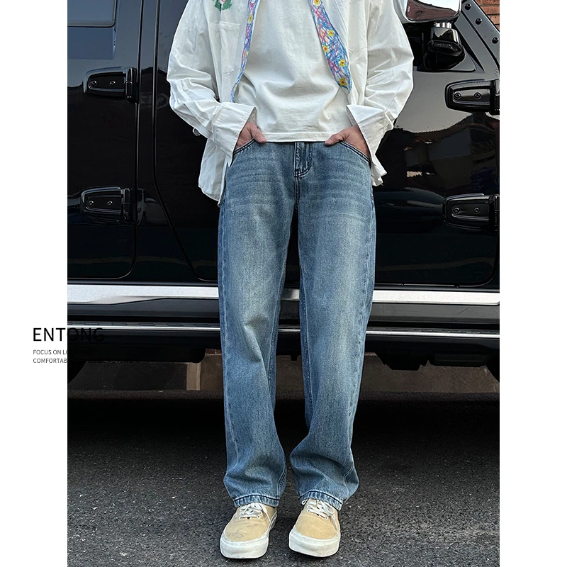 Entong美式潮牌Cleanfit做旧直筒牛仔裤男士春季新款复古百搭长裤