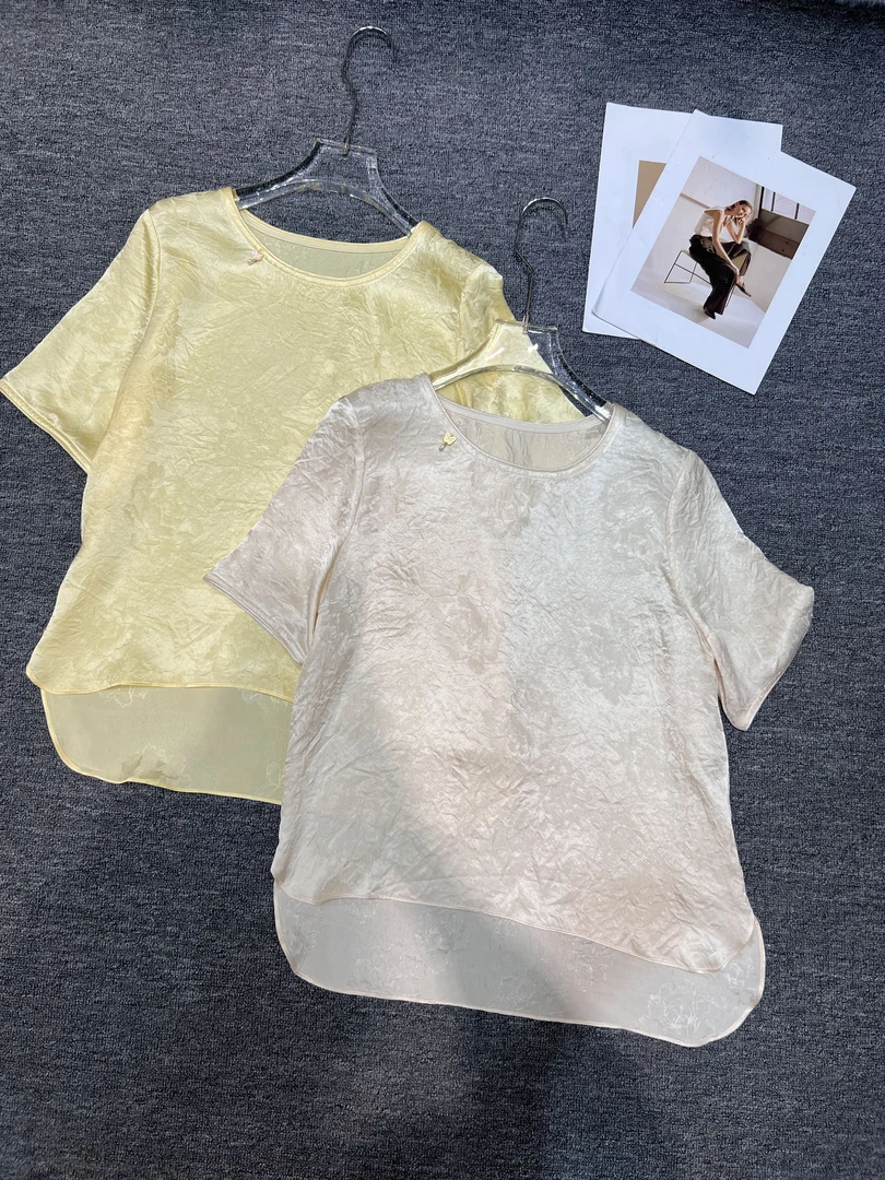 国风新中式2025夏季新款高定醋酸圆领提花短袖显瘦气质女款5502