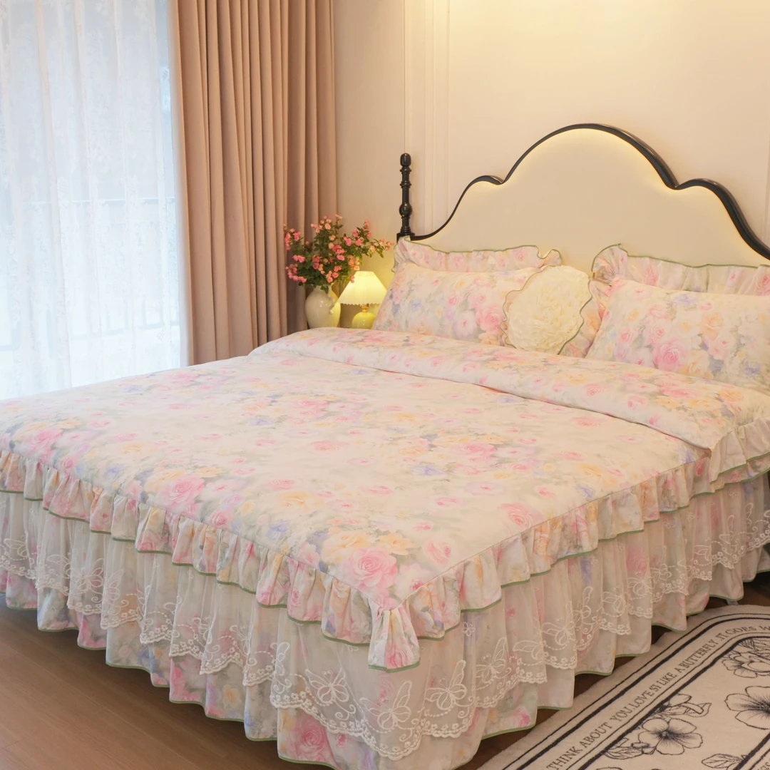 【真珍】夏梦花园 全棉纯棉韩版公主风四季通用防滑床裙床上四件套