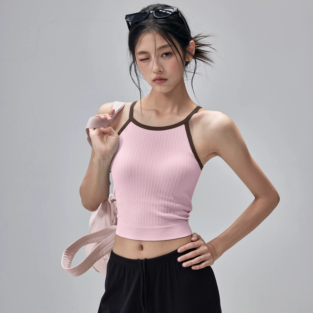 撞色防震瑜伽服背心女带胸垫外穿美背运动内衣吊带普拉提健身上衣