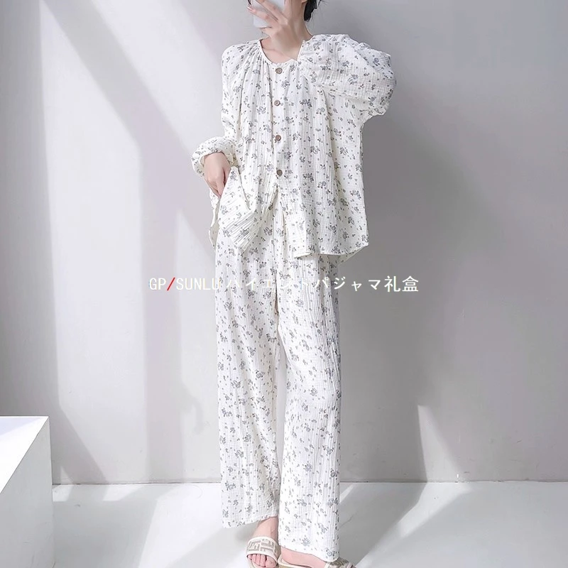 gpsunlu夏季韩系碎花甜美睡衣女春秋款棉纱宽松透气家居服可外穿