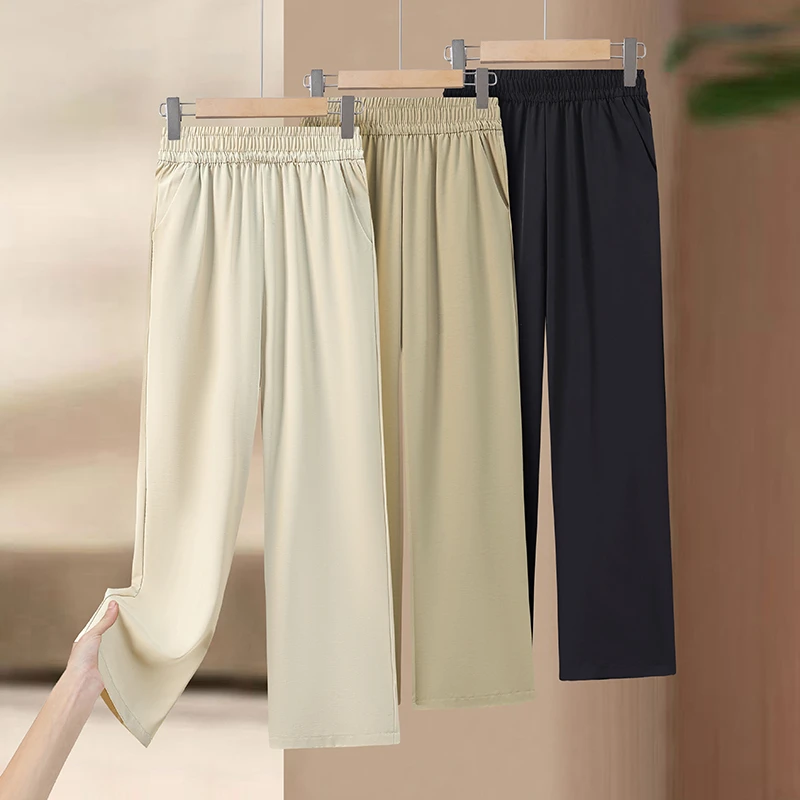 直筒裤高腰百搭春夏薄棉阔腿女裤直筒薄款中老年女装休闲裤夏季