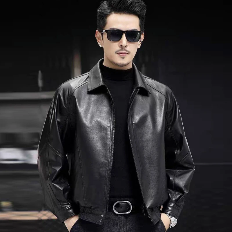 男款黑色真皮皮衣翻领短款宽松版复古皮夹克头层牛皮外套时尚休闲