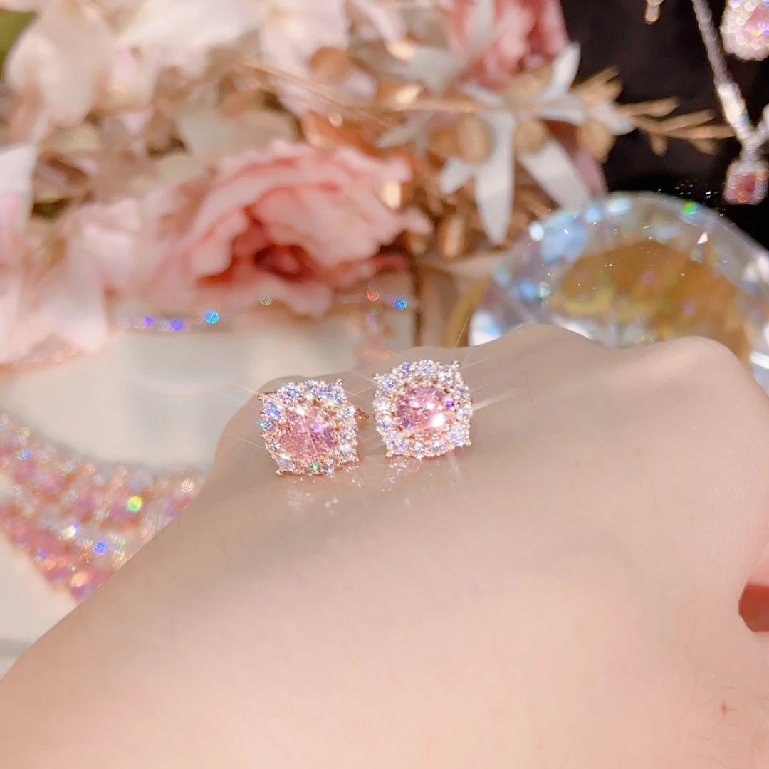 ★经典【粉方包耳钉】香槟金色女神满钻百搭高奢甜美气质豪镶轻奢