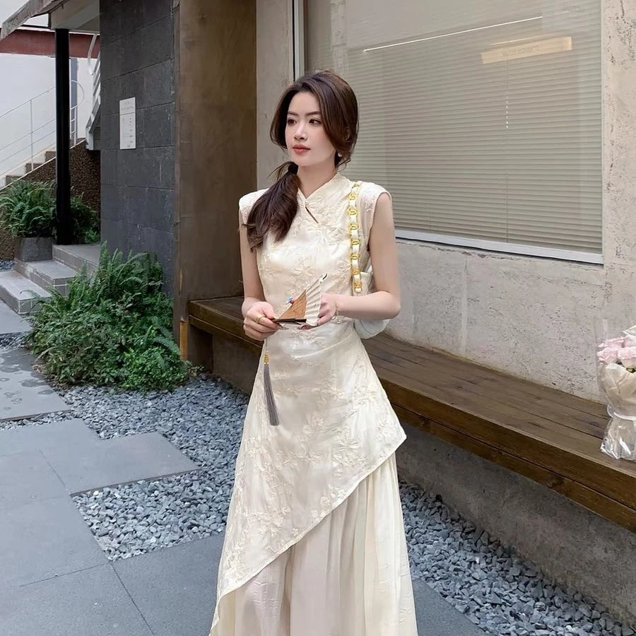 2025中式国风旗袍改良优雅夏季不规则新款气质连衣裙两件刺绣甜美