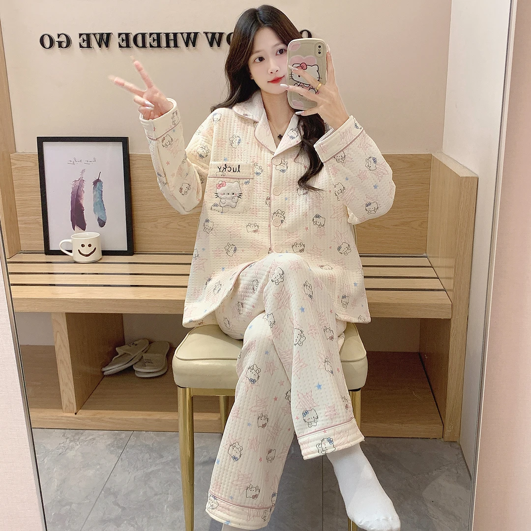 甜美卡通秋冬季睡衣女长袖长裤冬季空气棉夹层保暖少女家居服套装