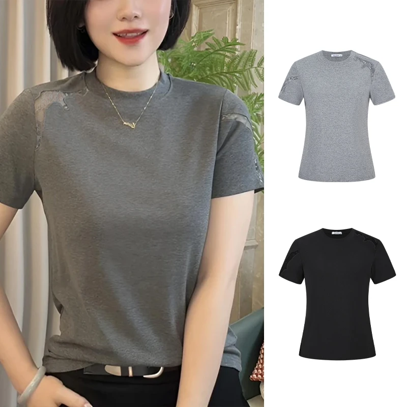 Moses Queen/魔西女王新款拼接镂空短袖T恤百搭修身显瘦洋气上衣