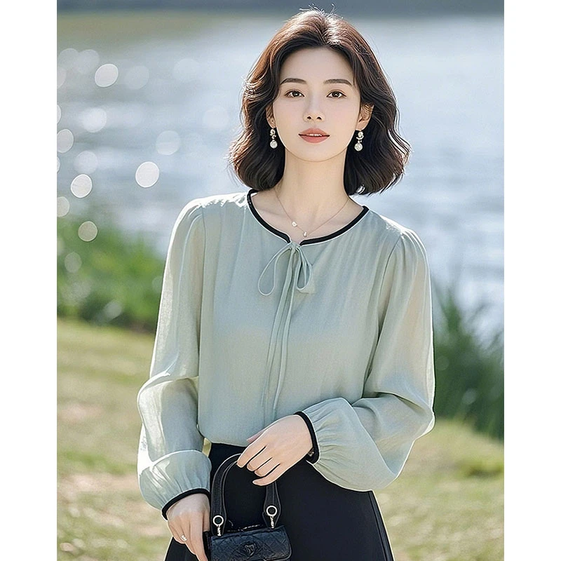 2025超火春季独特超好看绿色长袖雪纺衬衫设计感高级法式漂亮上衣