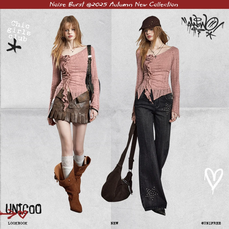 UNIFREE粉色肌理感针织长袖T恤25年秋款破洞辣妹风喇叭袖时尚上衣