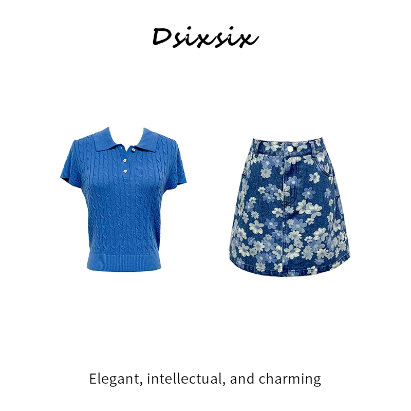 Cherry She【清风假日】夏日设计师款休闲碎花蓝色牛仔半身裙套装