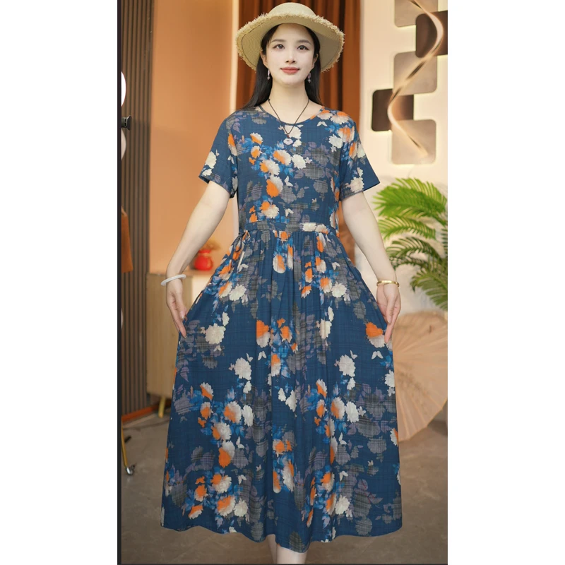 如画江南妈妈装中长款棉绸裙子夏季新款时尚短袖系带大码连衣裙