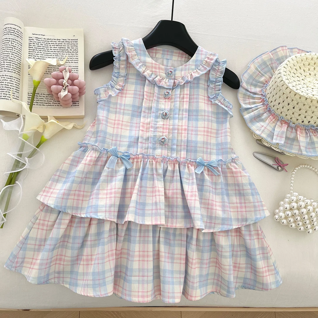 夏季无袖女童洋气蓝色格子蛋糕连衣裙SC40154
