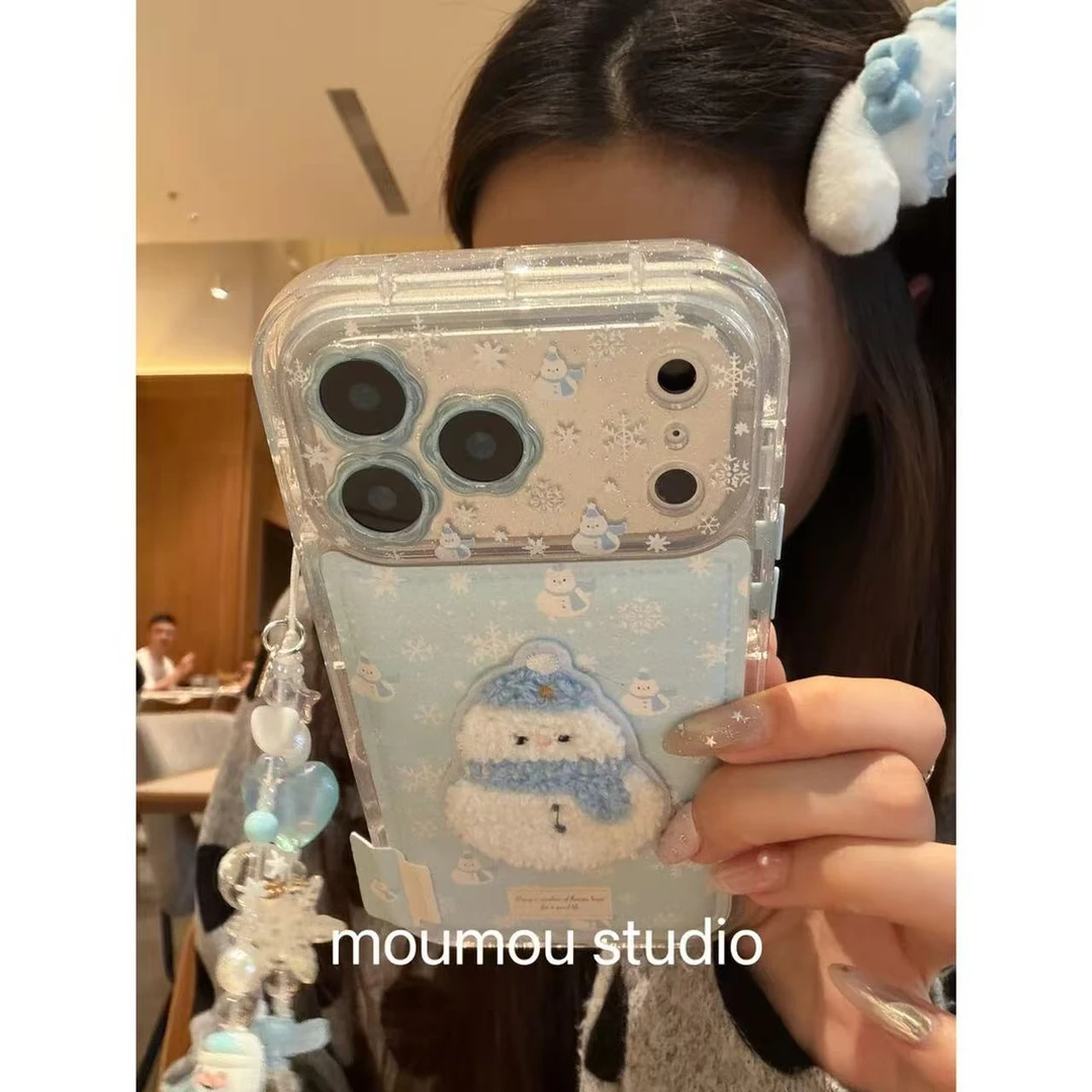 镜头框框雪人刺绣毛绒适用ihone17promax16p手机壳全包防摔新款