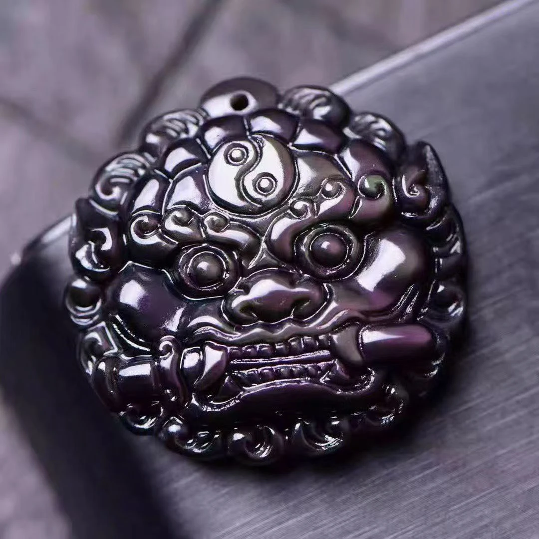 天然黑曜石石敢当睚眦吊坠男女本命年礼物彩虹眼黑曜石民族风挂件