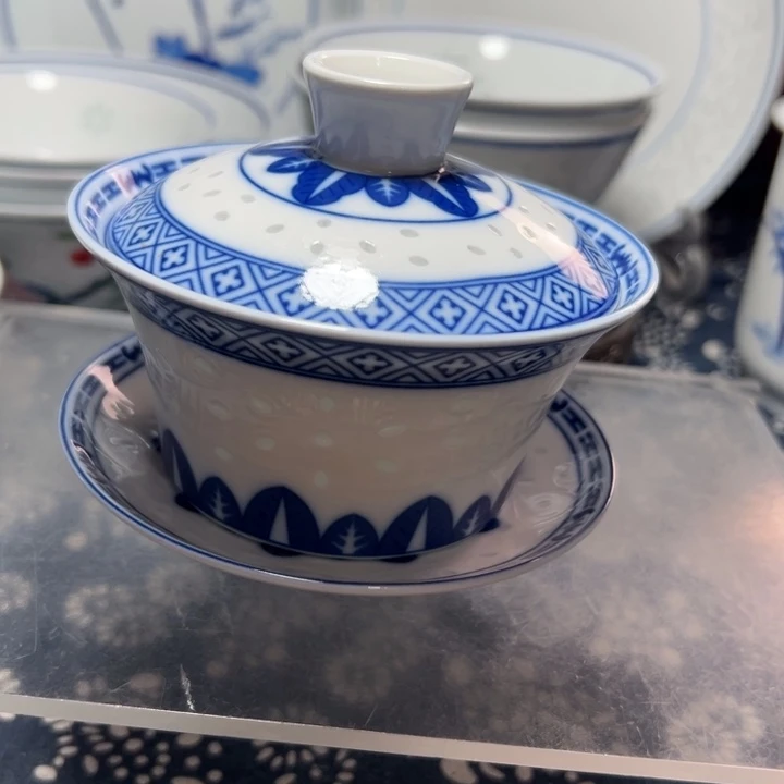 青花玲珑三才盖碗