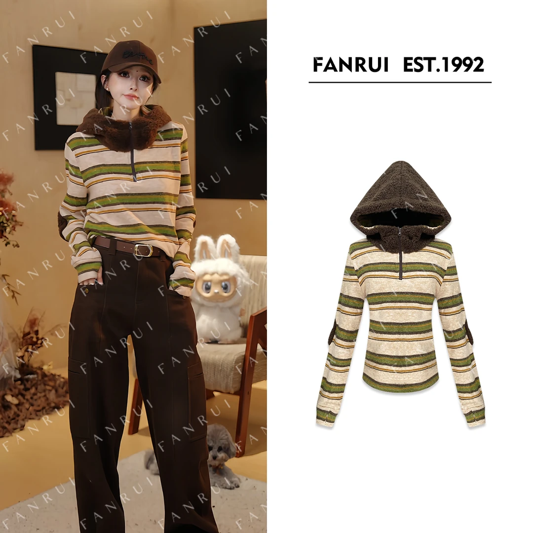 FANRUI/泛芮「落日沙丘」颗粒条纹复古时髦洋气百搭显瘦卫衣B18861