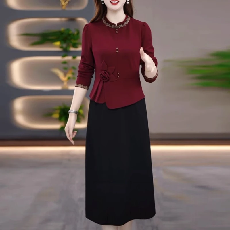 玫妖妖假两件连衣裙女秋季2025新款圆领修身设计感妈妈装中长裙子