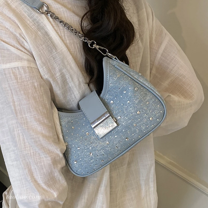 VIPOL精致超火小众亮钻包包女新款时尚百搭斜挎包牛仔布单肩腋下