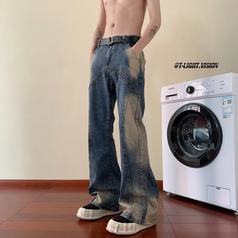 扎染水洗微喇牛仔裤男秋季美式vibe高街小众解构做旧宽松直筒长裤