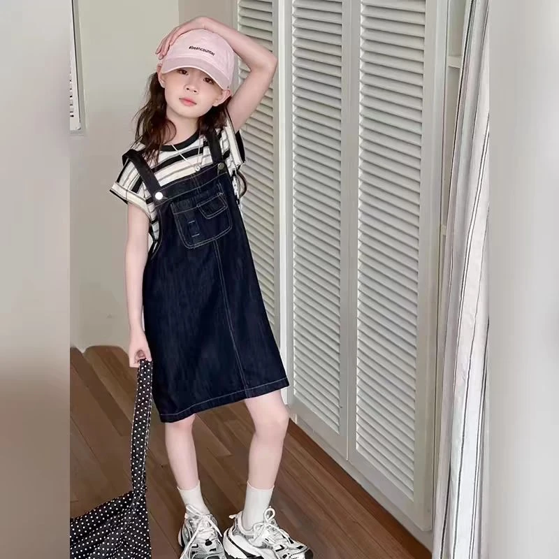 女童夏季牛仔背带裙套装短袖条纹2025夏季新款女孩夏装T恤背心裙t